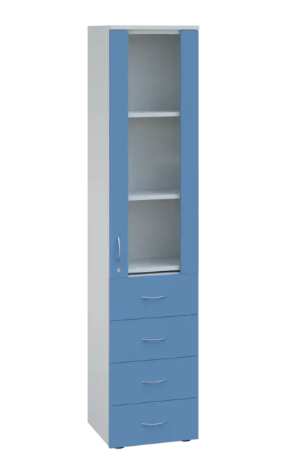 LE - 44 skříň léková prosklená, pravá, korpus bílý, dvířka pastelově modrá